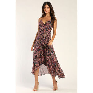 Lulus Effortless Days Navy Blue Paisley Print Ruffled Midi Dress - Size M